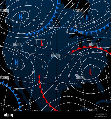 Forecast weather isobar on american night map, meteorology wind fronts and vector temperature ...