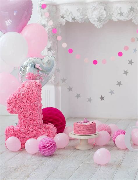 Pink Balloons And Fireplace For Baby 1 Birthday Photo Backdrop | バースデーパーティーのデコレーション, 誕生日の背景 ...