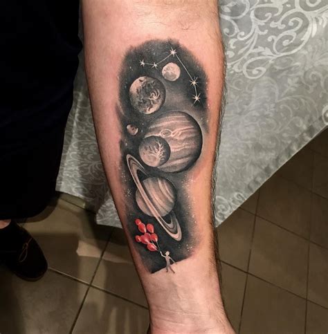 Simple black and grey space with planets and constellation tattoo. #tattoo #space #spacetattoo # ...