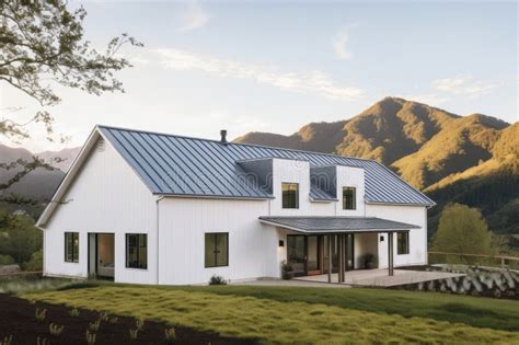 Modern Farmhouse with Metal Roof and White Exterior, Built on a Scenic Hillside Stock ...