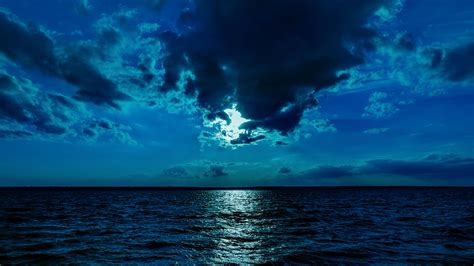 Night Moon Sea Sky Blue 4k Wallpaper,HD Nature Wallpapers,4k Wallpapers,Images,Backgrounds ...