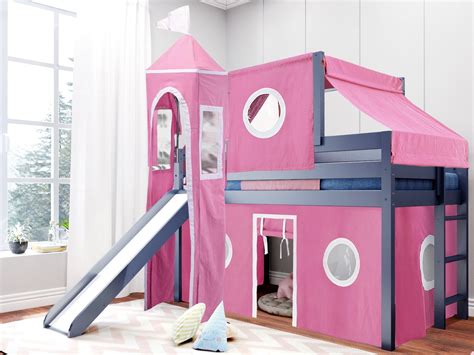 JACKPOT! Princess Low Loft Bed with Slide Pink & White Tent and Tower Loft Bed Twin Blue ...