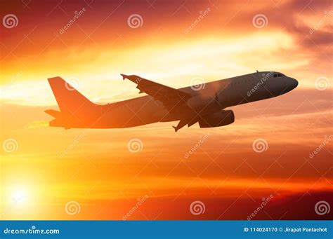 Silhouette of a Plane Flying in Beautiful Sunset Editorial Image - Image of summer, evening ...