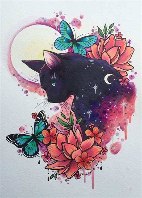 Black Cat Tattoo Print Tattoo Design Animal Wall Art Cat - Etsy UK | Cat art print, Butterfly ...