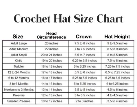 hat size chart - DIY From Home Crochet