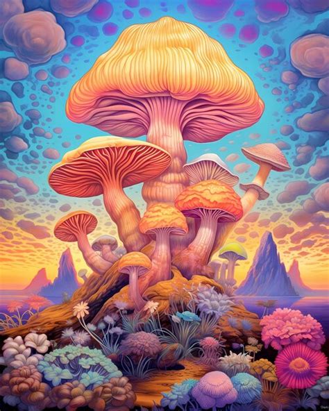 Premium AI Image | A painting of a forest with a colorful mushroom and a river in the background