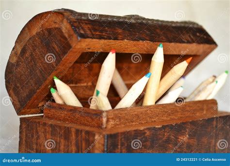 Wooden Pencils in a Chest stock image. Image of education - 24312221