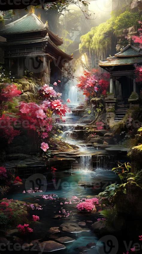 painting of a waterfall in a japanese garden with a waterfall ...