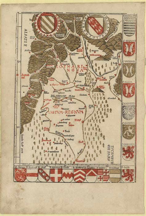 1513 map of Lorraine (Lotharingia) printed in 3 colours (black, red, and brown). This was the ...