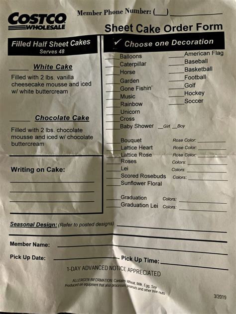 Costco Cake Order Form Printable