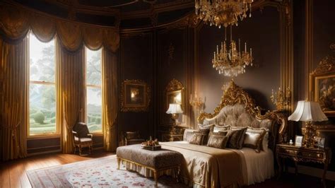 Premium AI Image | A bedroom with a chandelier and a bed with gold pillows.