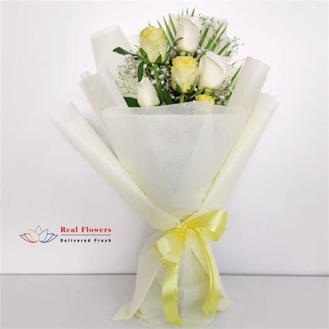 Yellow White Roses Bouquet for Teacher - Real Flowers - Medium