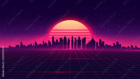 Retro futuristic synthwave retrowave styled night cityscape with sunset ...