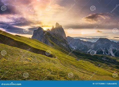 Sunrise Over Peak Seceda in Dolomites Stock Photo - Image of interior, text: 137753886