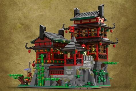 a lego model of a chinese house with red and green decorations on the front porch