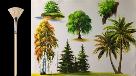 How to paint trees with fan brush - Acrylic lesson - YouTube