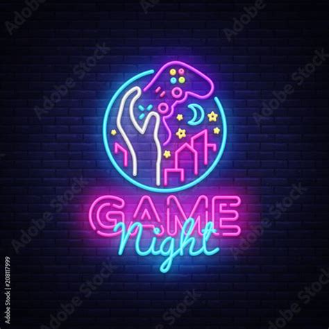 Game Night neon sign Vector logo design template. Game night logo in neon style, gamepad in hand ...