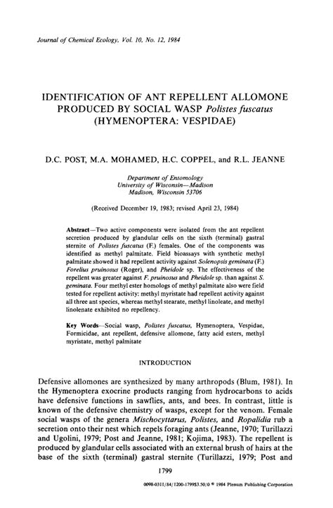 (PDF) Identification of ant repellent allomone produced by social wasp Polistes fuscatus ...