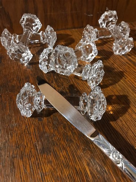 Vintage Crystal Knife Rests. Set of Seven Dumbbell Crystal Knife Rests. Art Deco Crystal Knife ...