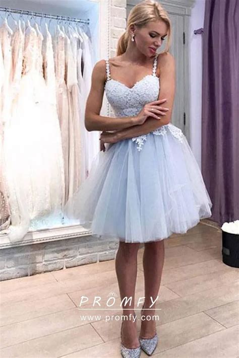 Light Blue Lace and Tulle Cute Short Cocktail Dress - Promfy