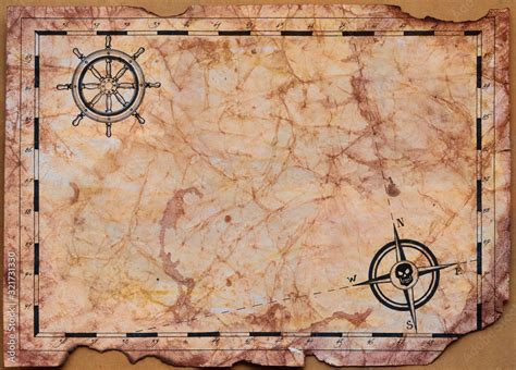 Blank pirate treasure map template for children. Сrumpled paper painted with watercolors and ...