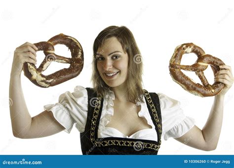 Bavarian Girl Holds Oktoberfest Pretzels Stock Photo - Image of happy, preztel: 10306260