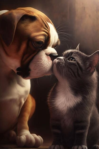 Premium Photo | A cat and a dog are kissing each other.