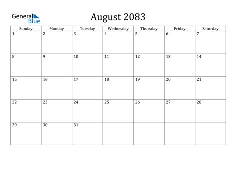 August 2083 Calendar - PDF Word Excel