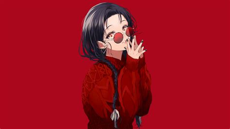 Simple Background Long Hair Red Glasses Black Hair Brown Eyes Braids Sweater Anime Girls Sogawa ...