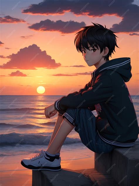 Premium AI Image | Artistic image of Boy anime on the beach watching sunset