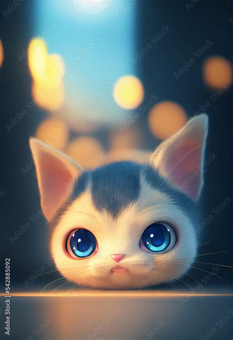 Tiny cute adorable baby black and white cat with shining eyes. Cat in anime style. 3D kitty in ...