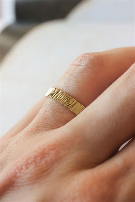 Wood Textured Wedding Band for Woman, Gold Wedding Ring, Rustic Ring, 4 Mm Wide Ring, Unisex ...