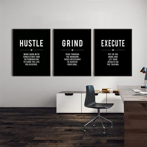 Grind Hustle Execute Quote Wall Art Canvas Prints Office Decor Black White Modern Art ...