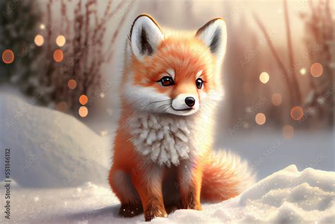 cute red fox baby cartoon dreamlike in snow, winter,christmas ...