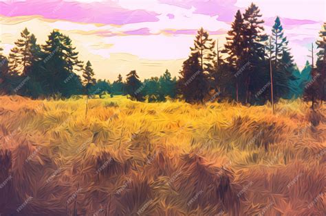 Premium AI Image | A painting of a field with a sunset in the background.