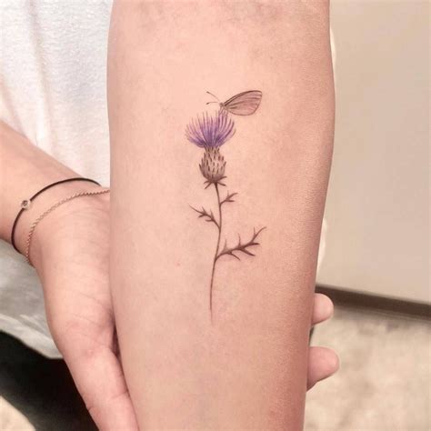 Fine line thistle flower tattoo on the inner forearm. | Thistle tattoo, Scottish tattoos ...