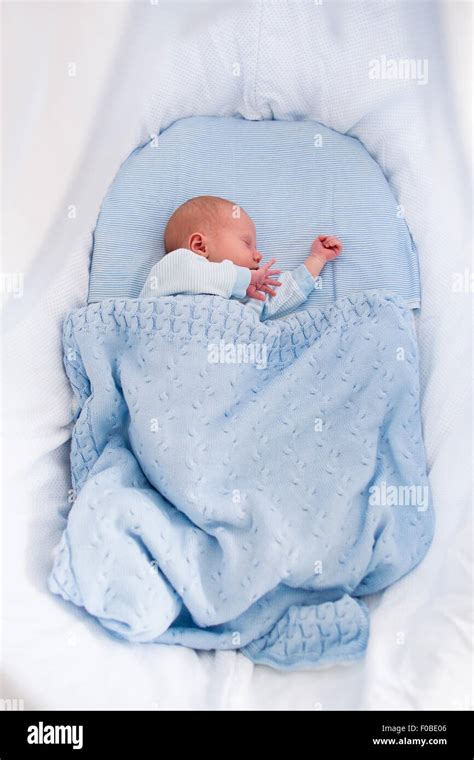 Newborn baby boy in bed. New born child sleeping under a blue knitted blanket. Children sleep ...