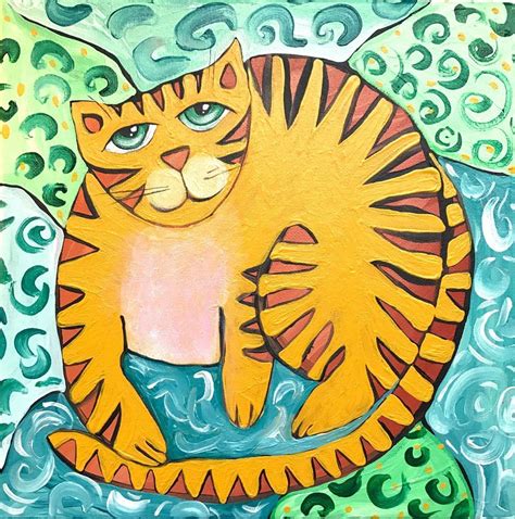 Yellow Cat Art Painting Original Art Modern Folk | Gatos, Cuadros