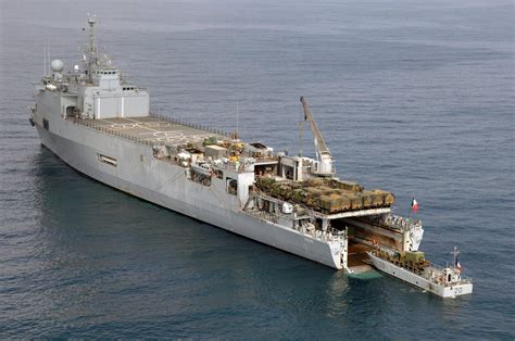 French landing platform dock Foudre during an equipment delivery, in the foreground landingcraft ...