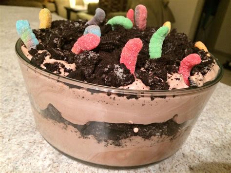 Dirt cake! Super easy to make. Chocolate pudding, cool whip, Oreos and gummy worms. Perfect fo ...