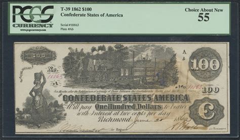 1862 $100 One Hundred Dollars Confederate States of America Richmond CSA Bank Note Bill (T-39 ...