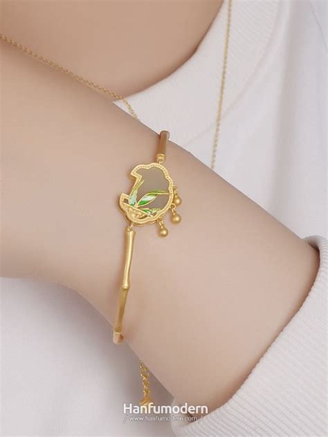 Ruyi Lock Inlaid Jade Enamel Bamboo Leaf Charm Bracelets for Girls - Hanfumodern