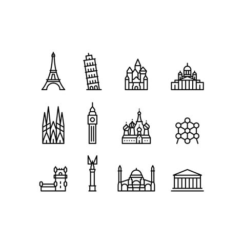 Landmarks of Europe in Black and White Illustration