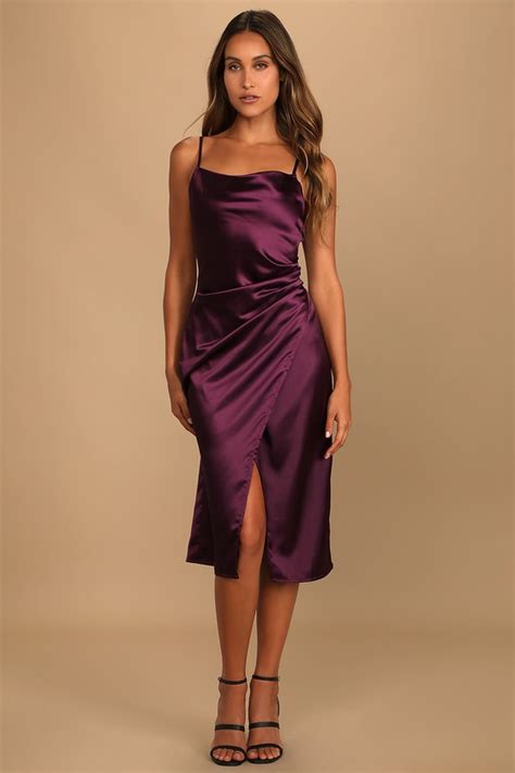 Plum Purple Dress - Satin Dress - Midi Dress - Cowl Neck Dress - Lulus