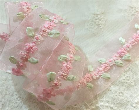 1.5 Vintage Light Pink Cameo Hand Embroidered Flower Organza Ribbonfloral Ribbonwork ...