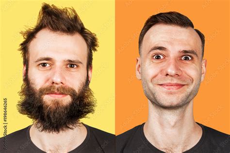 Young guy with beard and without a beard. Man before and after shave. Isolated. Stock Photo ...