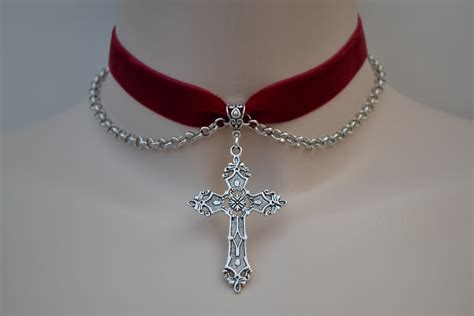 Large Silver Gothic CROSS & CHAIN Velvet BURGUNDY Red Ribbon