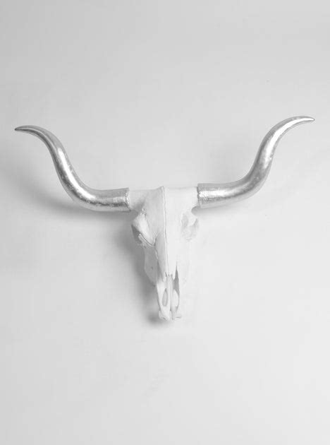 Large Faux Longhorn Cattle Skull Decor, White & Silver