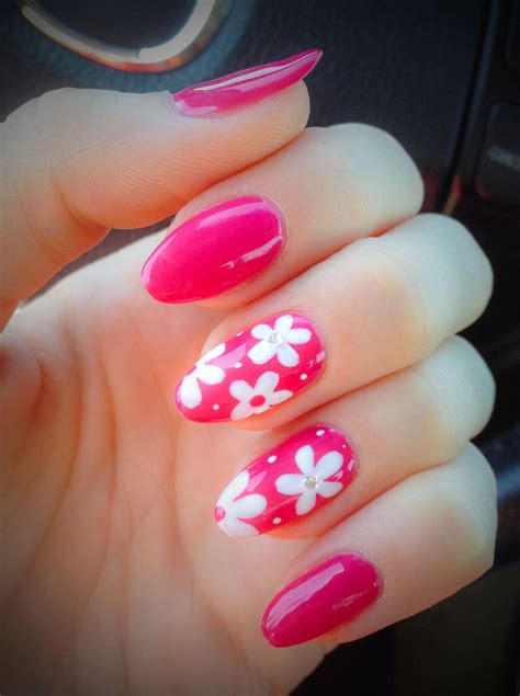 Summer bright pink gel nails with cute little flowers ))) Love them ...