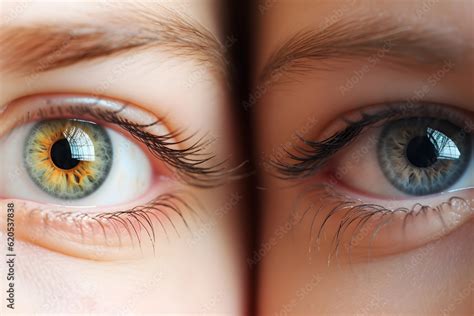 Partial iris heterochromia. Extreme close-up image of two human eyes with spikes of different ...